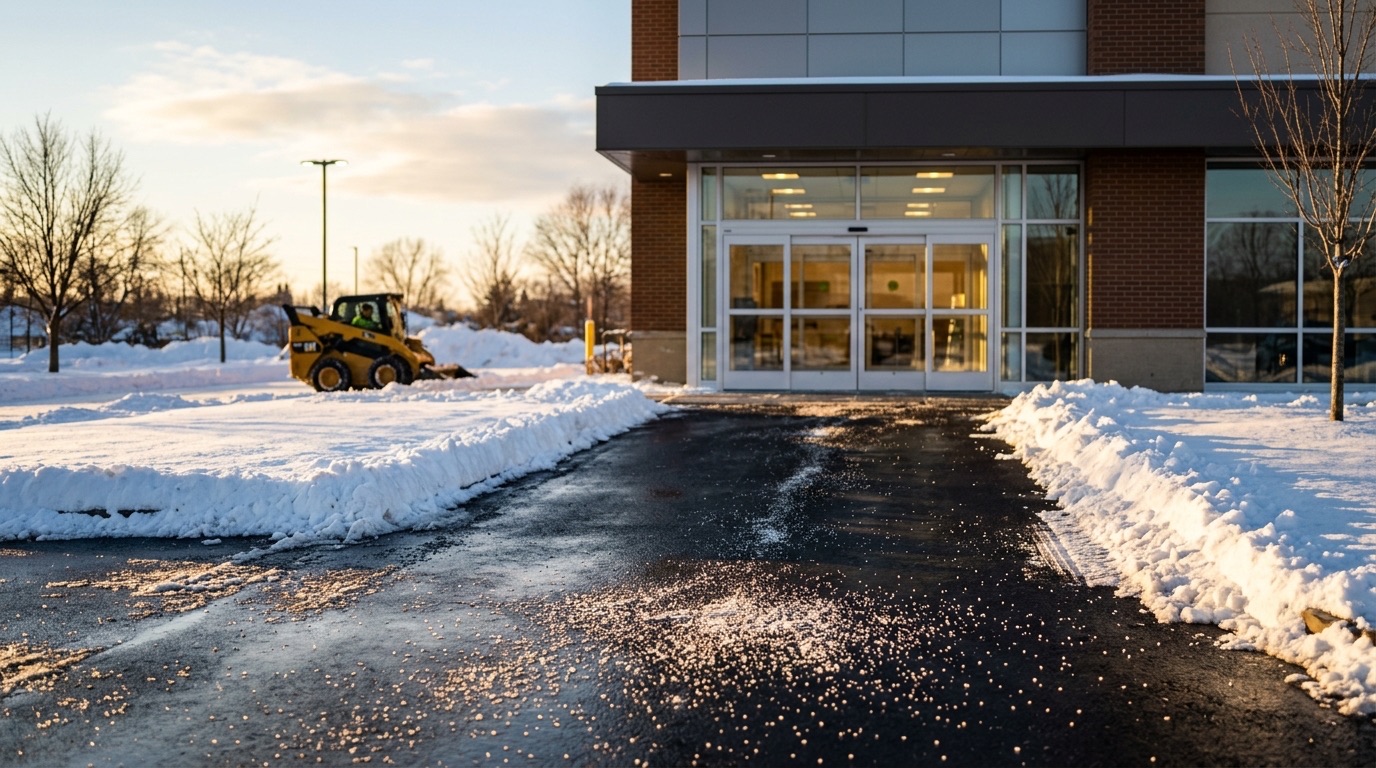 Commercial building entrance cleared and salted before opening at sunrise