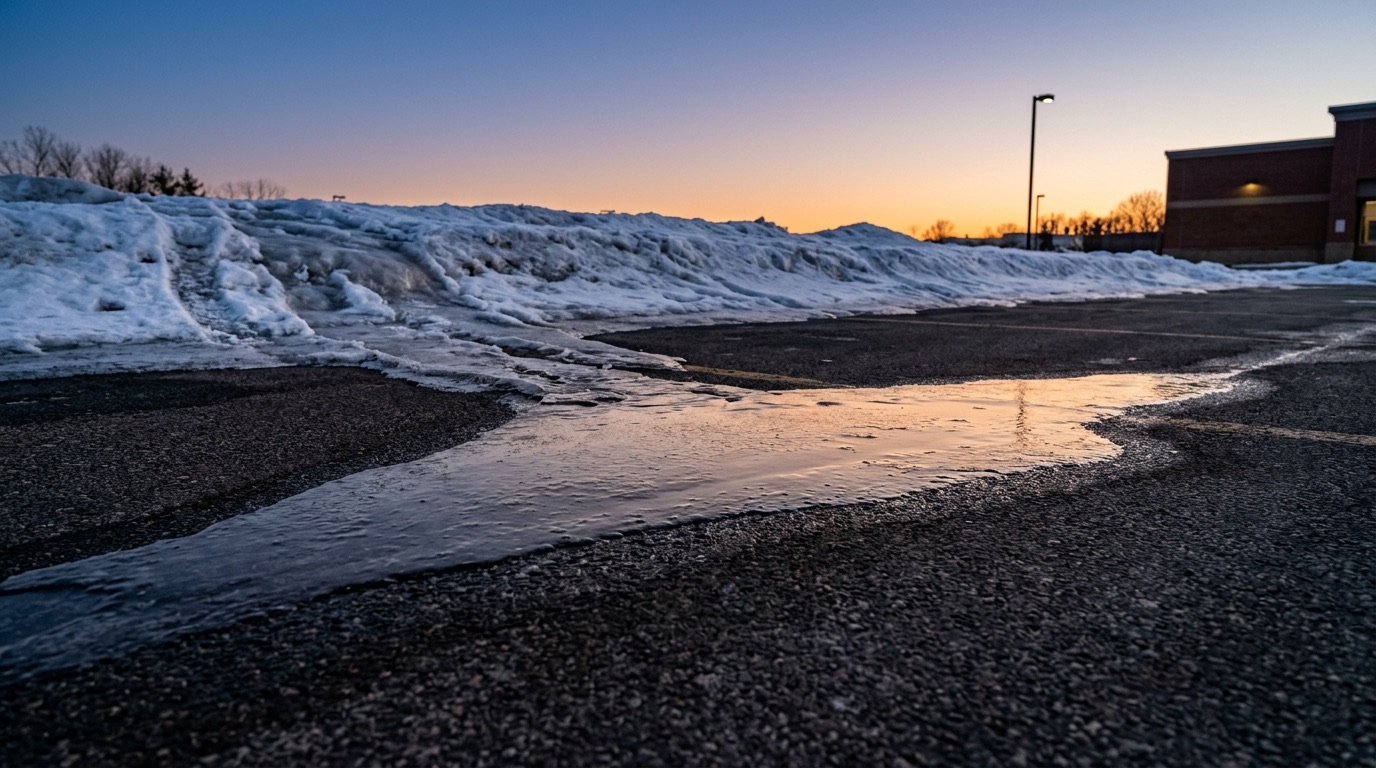 Sheet of refrozen meltwater forming black ice across a parking lot at dusk