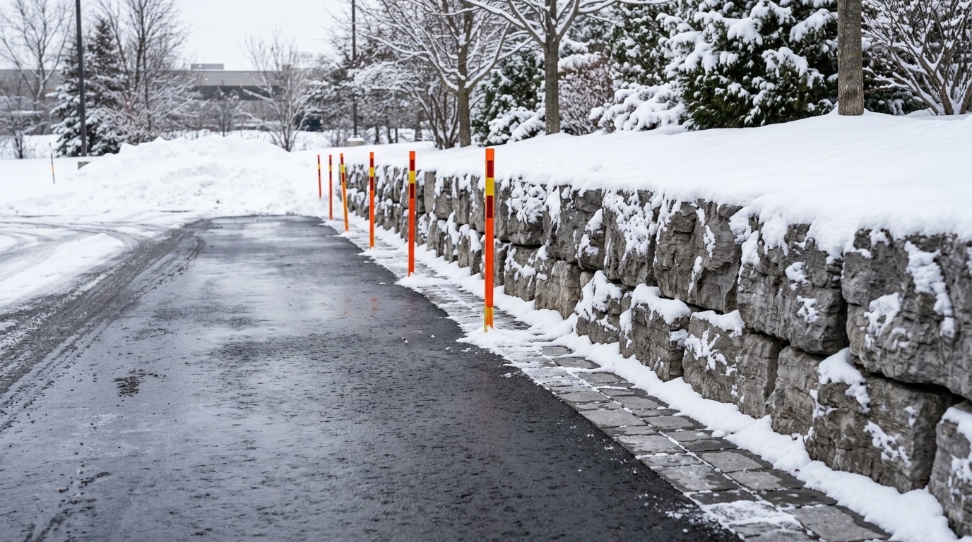 Plow line stopping cleanly beside an undamaged armour stone wall and paver edge
