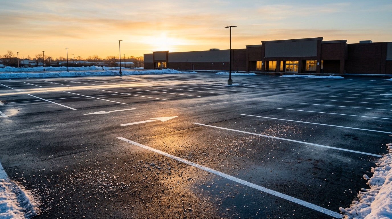 Empty commercial parking lot fully cleared to bare asphalt at first light