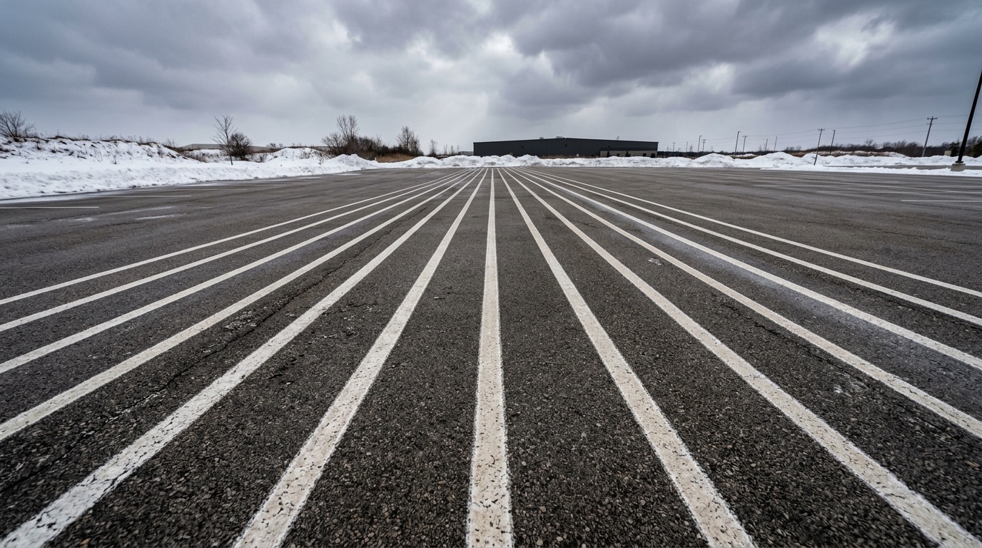 Anti-icing brine lines applied to pavement ahead of a winter storm
