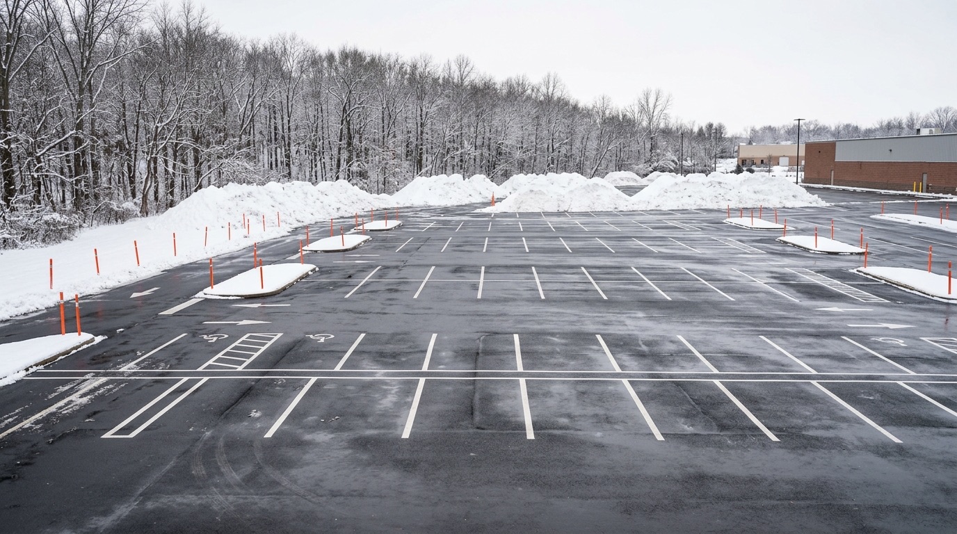 Snow piles stacked at the perimeter of a commercial lot keeping parking bays clear