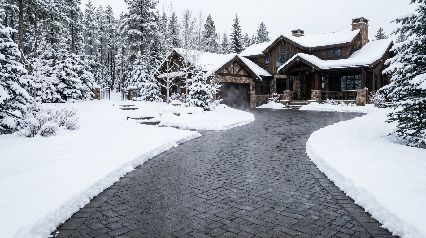 Heated interlock paver driveway clear of snow while surroundings stay buried