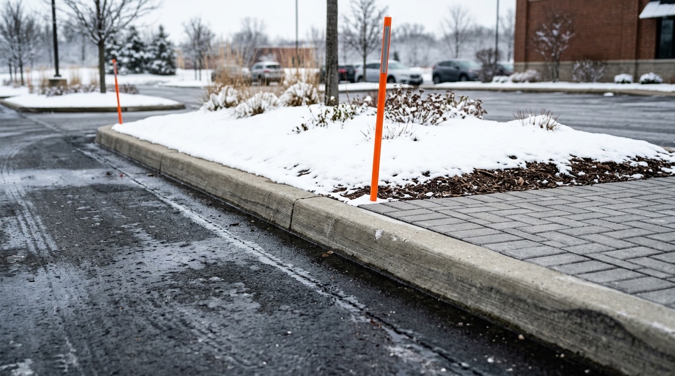 Undamaged parking lot curb and paver apron with marker stakes after plowing