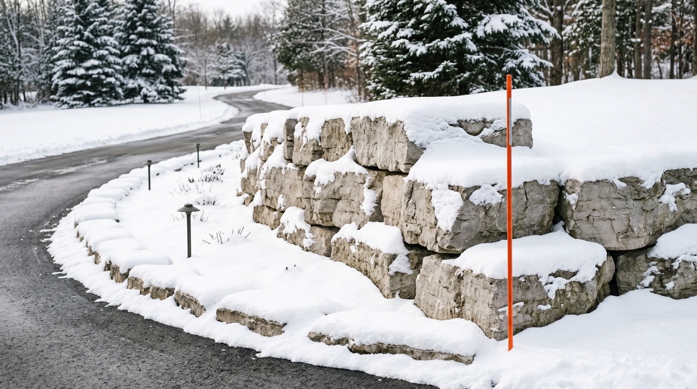 Snow capped armour stone wall undamaged beside a cleared estate driveway