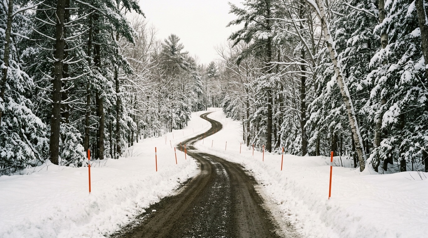 Long private estate driveway cleared through snow laden pines with marker stakes