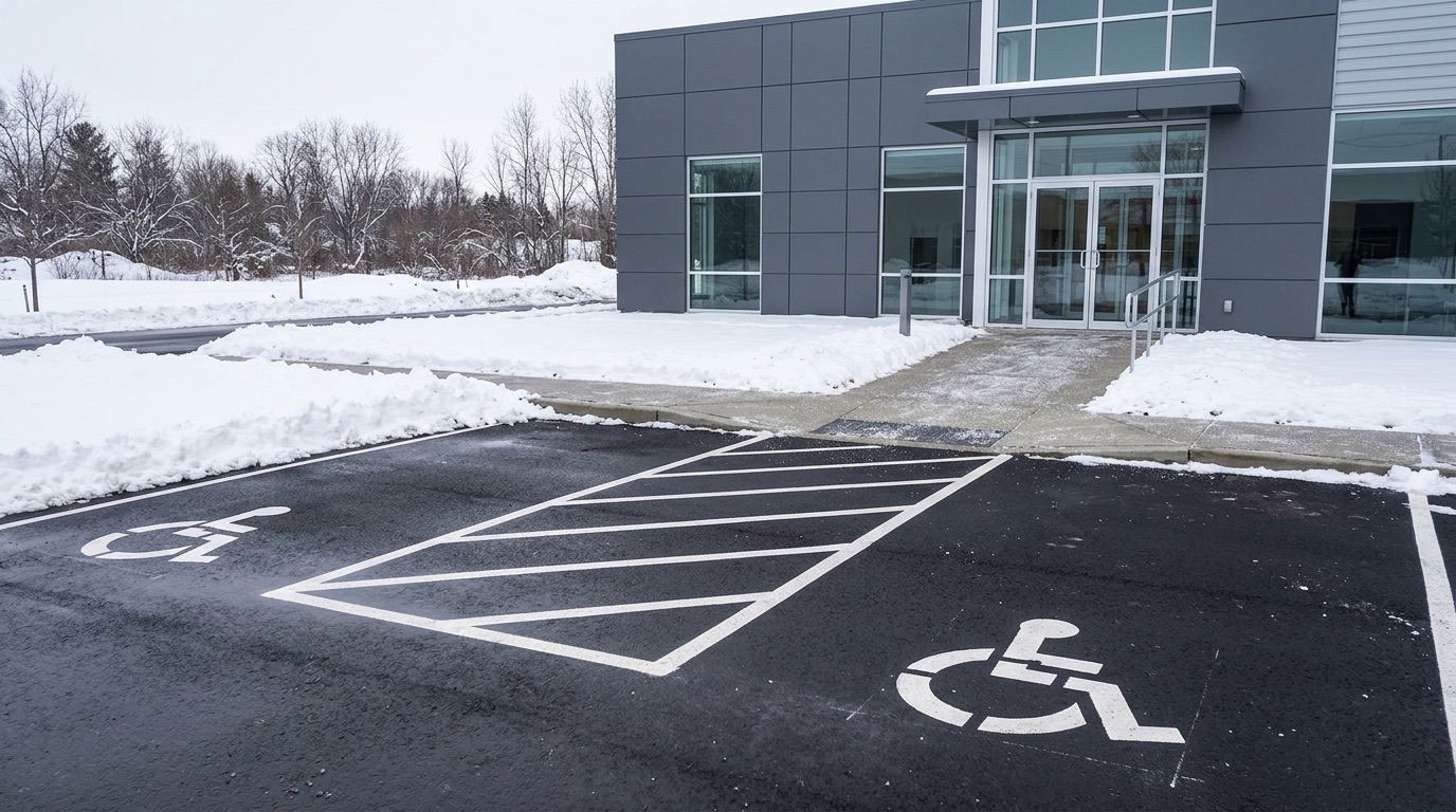 Accessible parking space and access aisle fully cleared to bare pavement