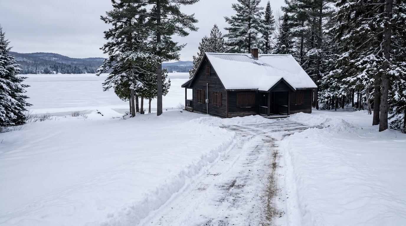 Closed up waterfront cottage with its access lane freshly cleared in deep winter