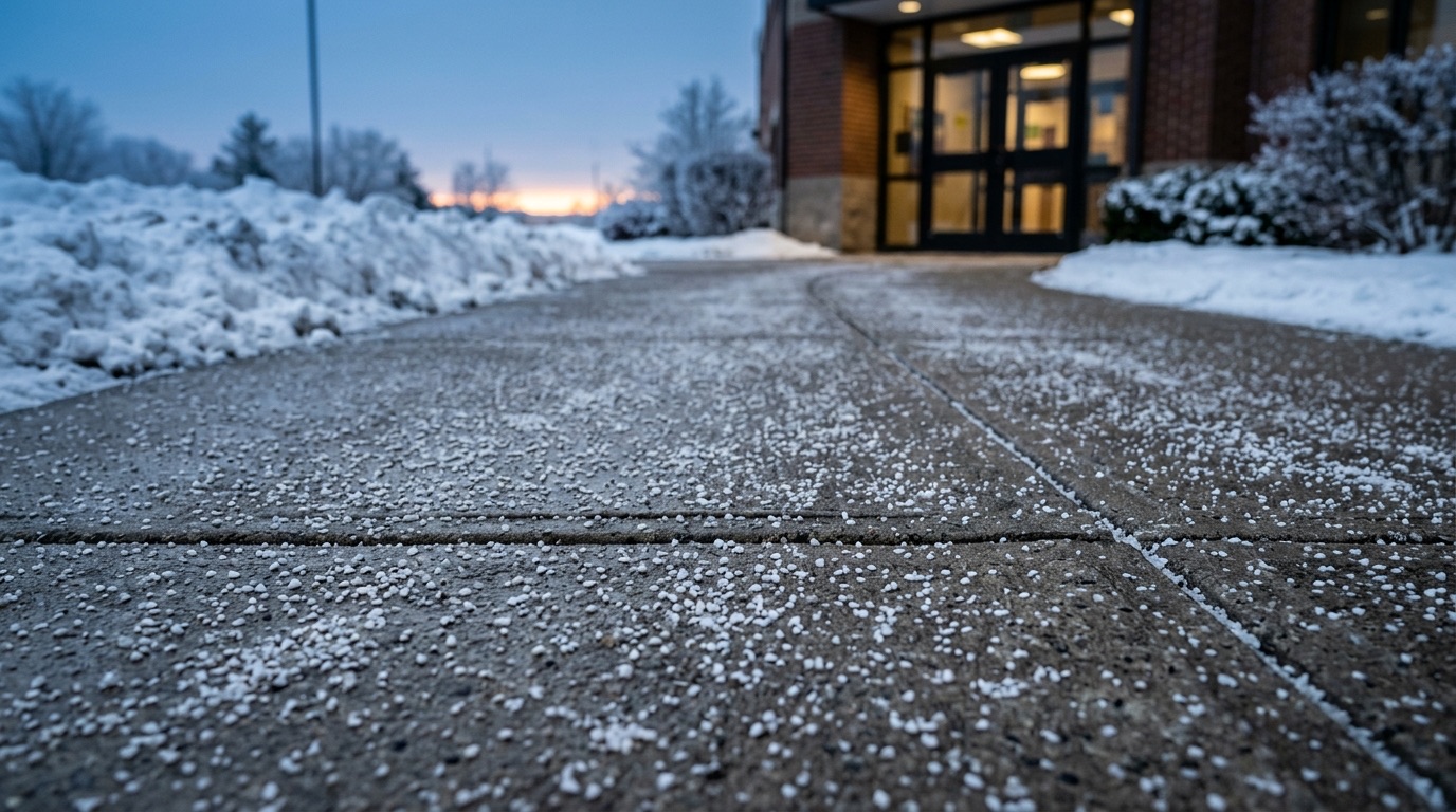 Commercial walkway cleared and evenly treated with de-icing salt at dawn