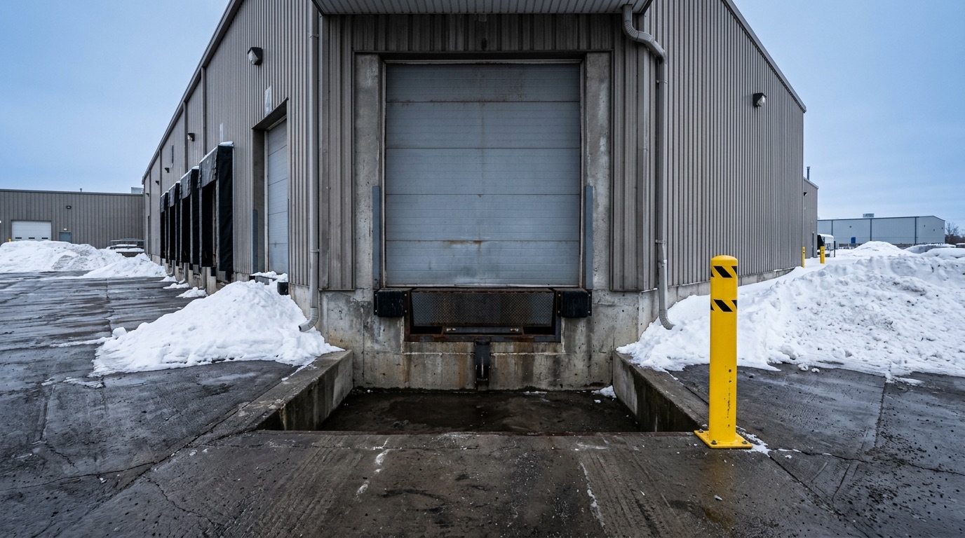 Warehouse loading dock apron cleared of snow right up to the building face