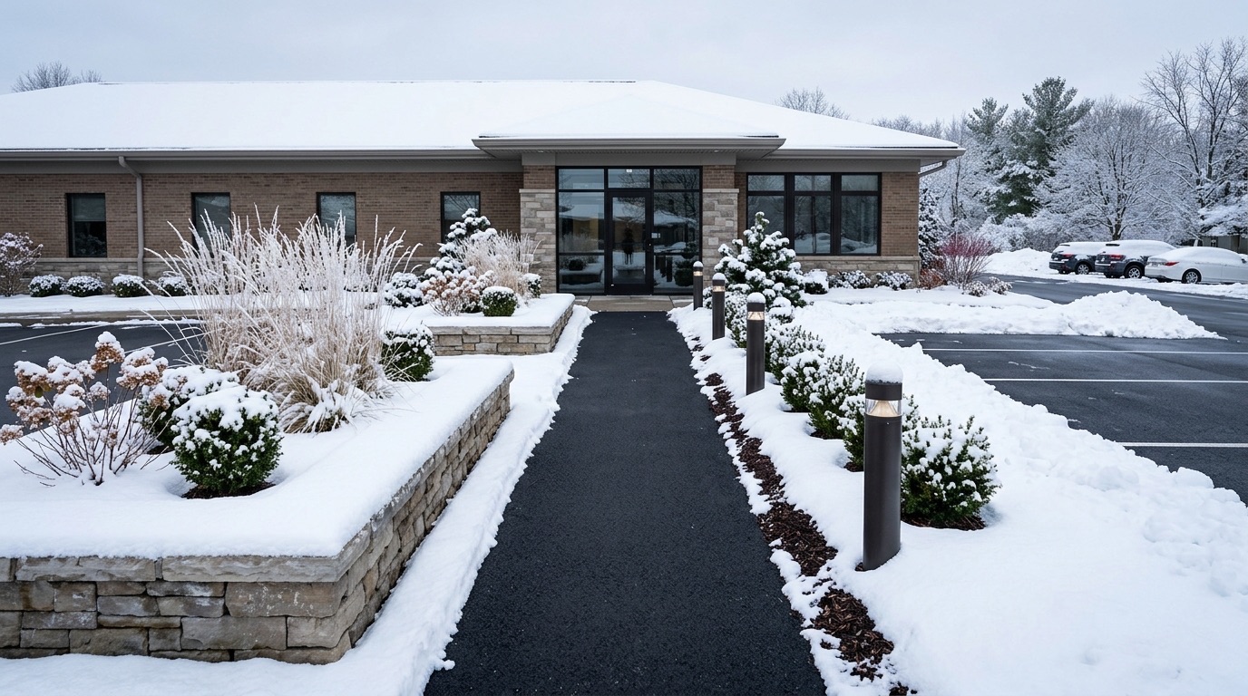 Well maintained commercial landscape entrance with stone planters under snow