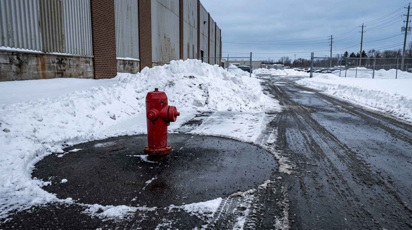 Fire hydrant cleared with a wide ring of bare pavement beside a fire route