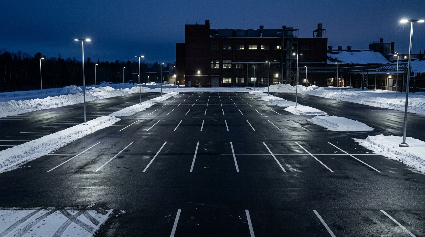 Industrial employee parking cleared before dawn under yard lights