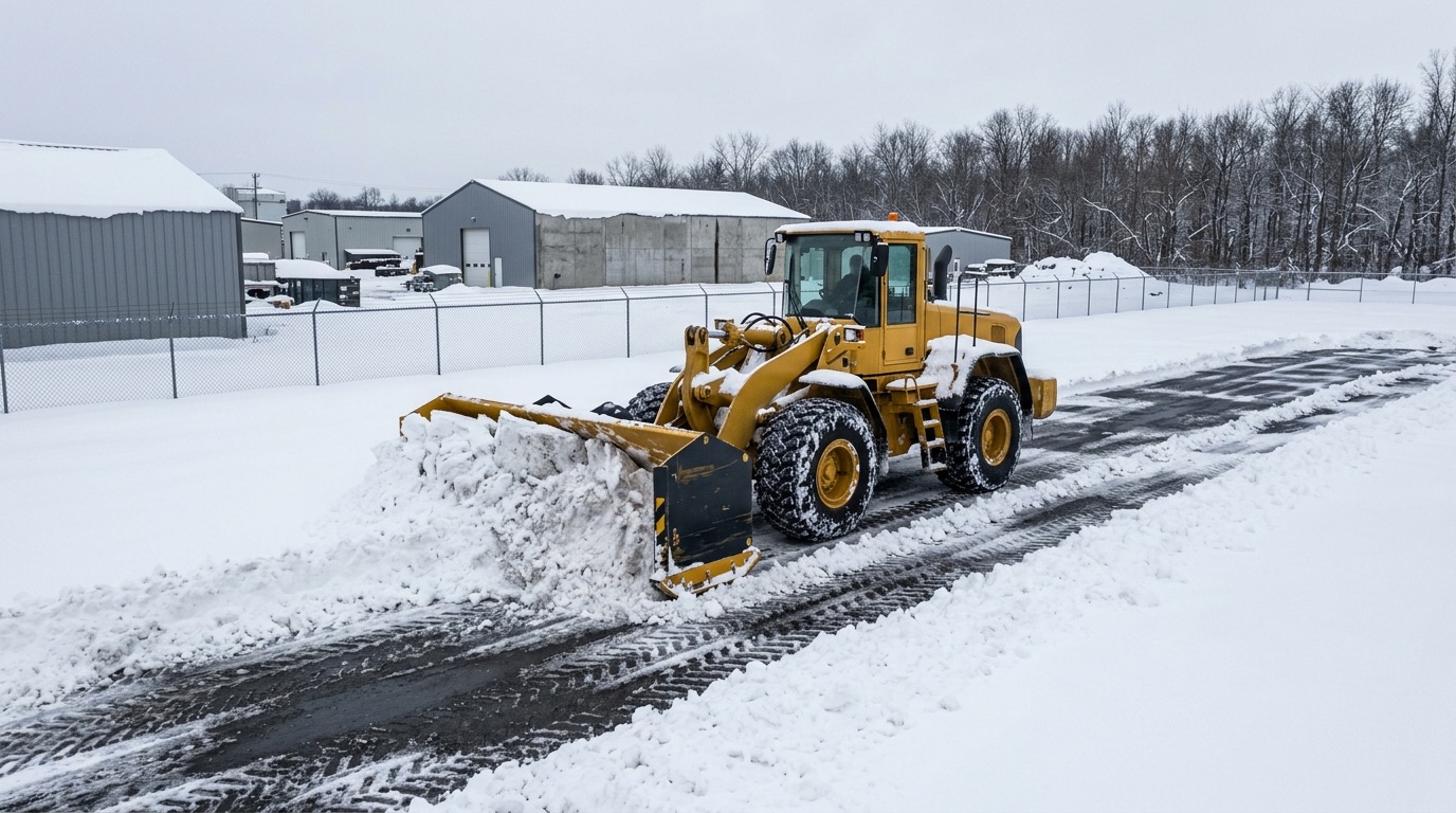 Wheel loader with a wide snow pusher moving heavy volume across an industrial yard