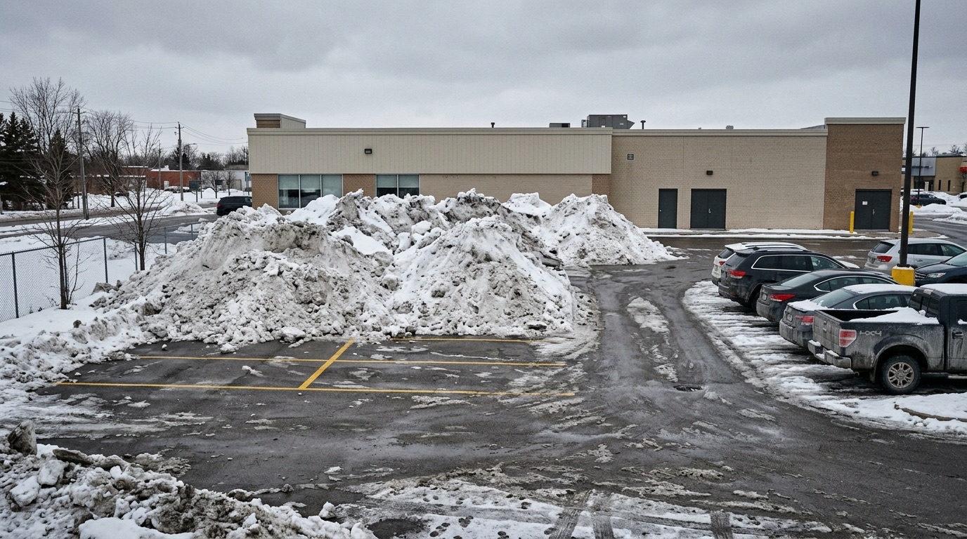 Huge snow piles consuming rows of parking spaces in a commercial lot