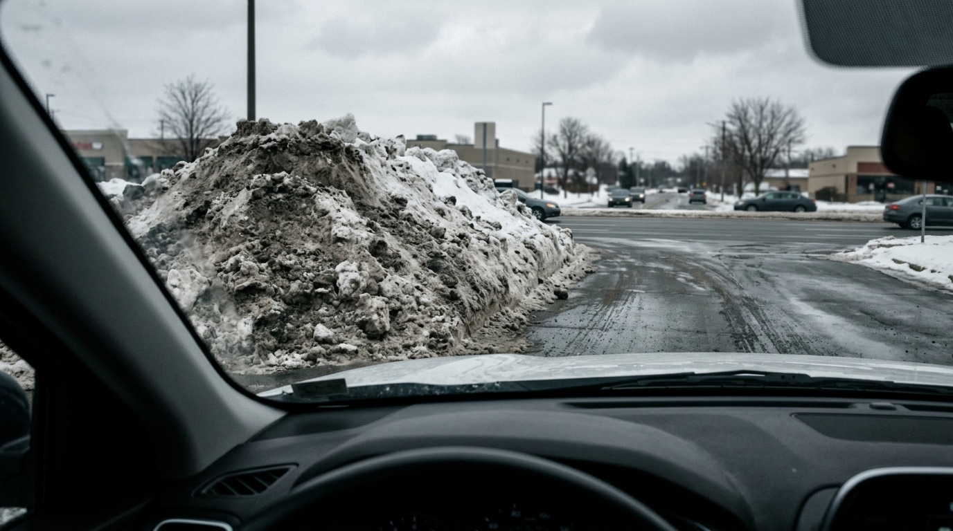 Snow pile blocking the sightline at a commercial parking lot exit