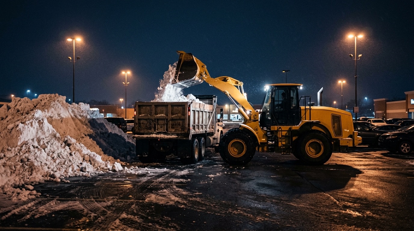 Loader tipping snow into a dump truck during a night hauling operation