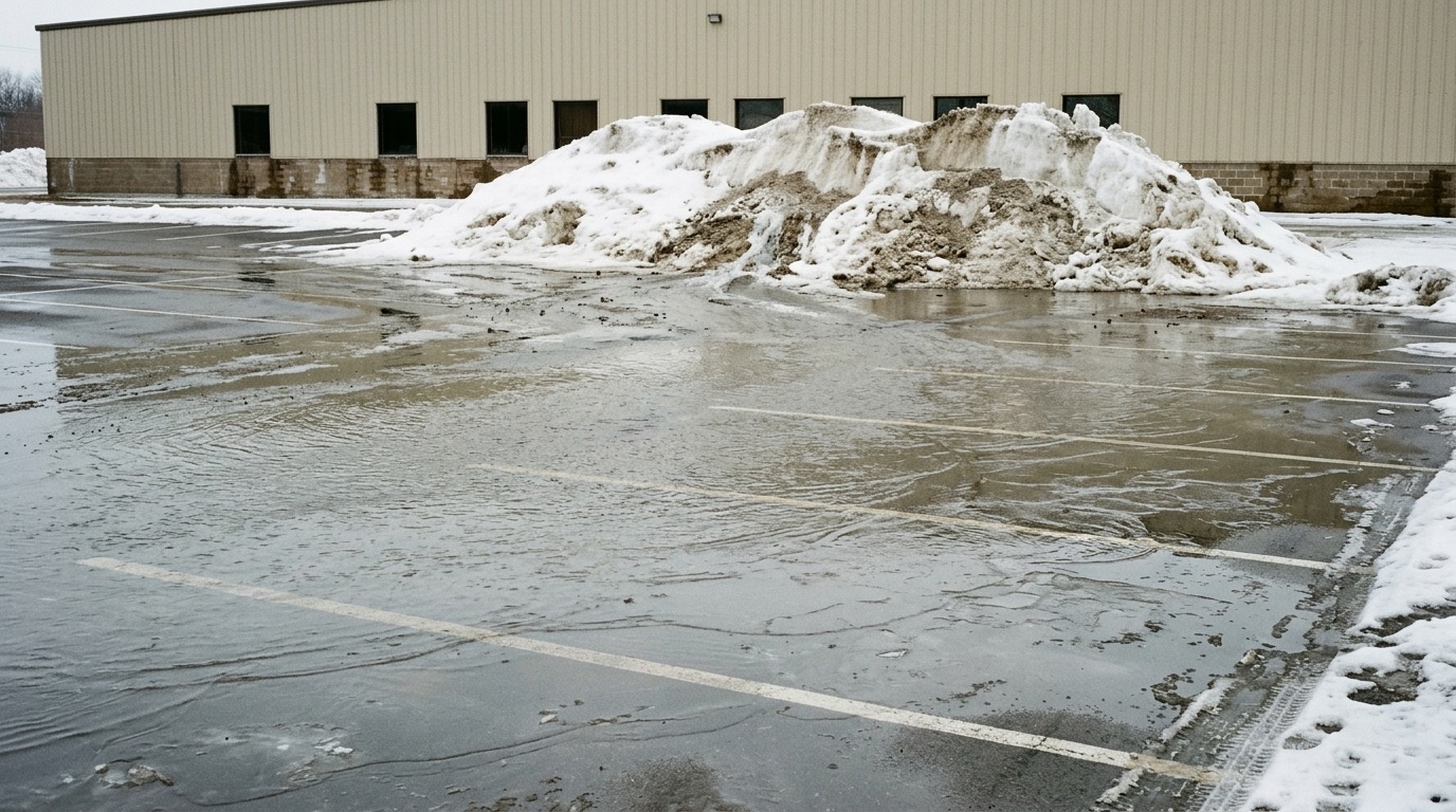 Meltwater from a snow pile flooding across a commercial parking lot