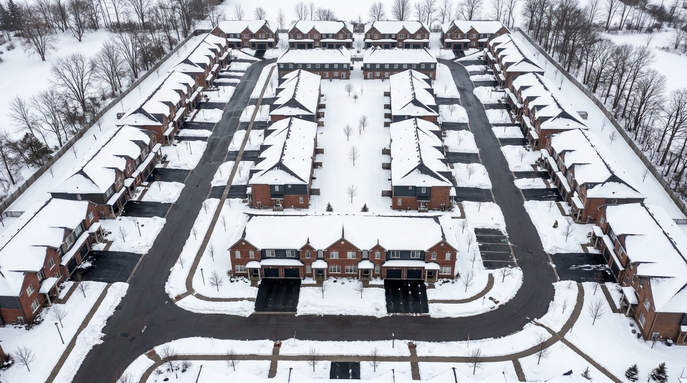 Aerial view of a condominium townhome complex fully cleared of snow