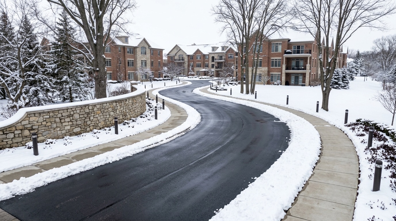 Condominium entrance drive cleared past a snow capped stone entry wall