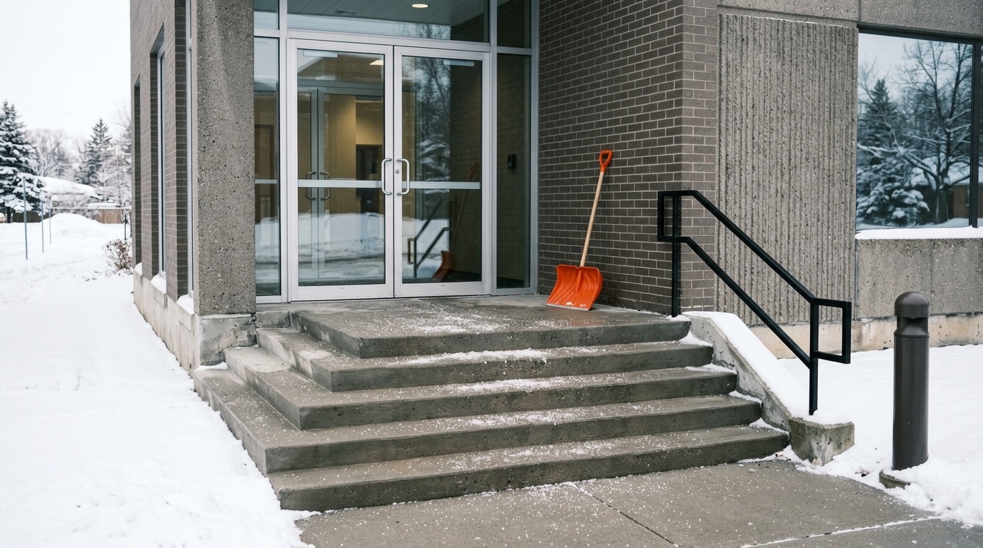 Building entrance steps and handrail cleared by hand and salted