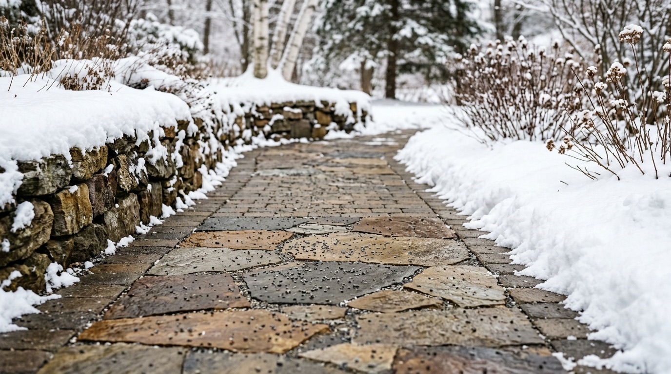 Natural flagstone walkway cleared with traction grit instead of heavy salt