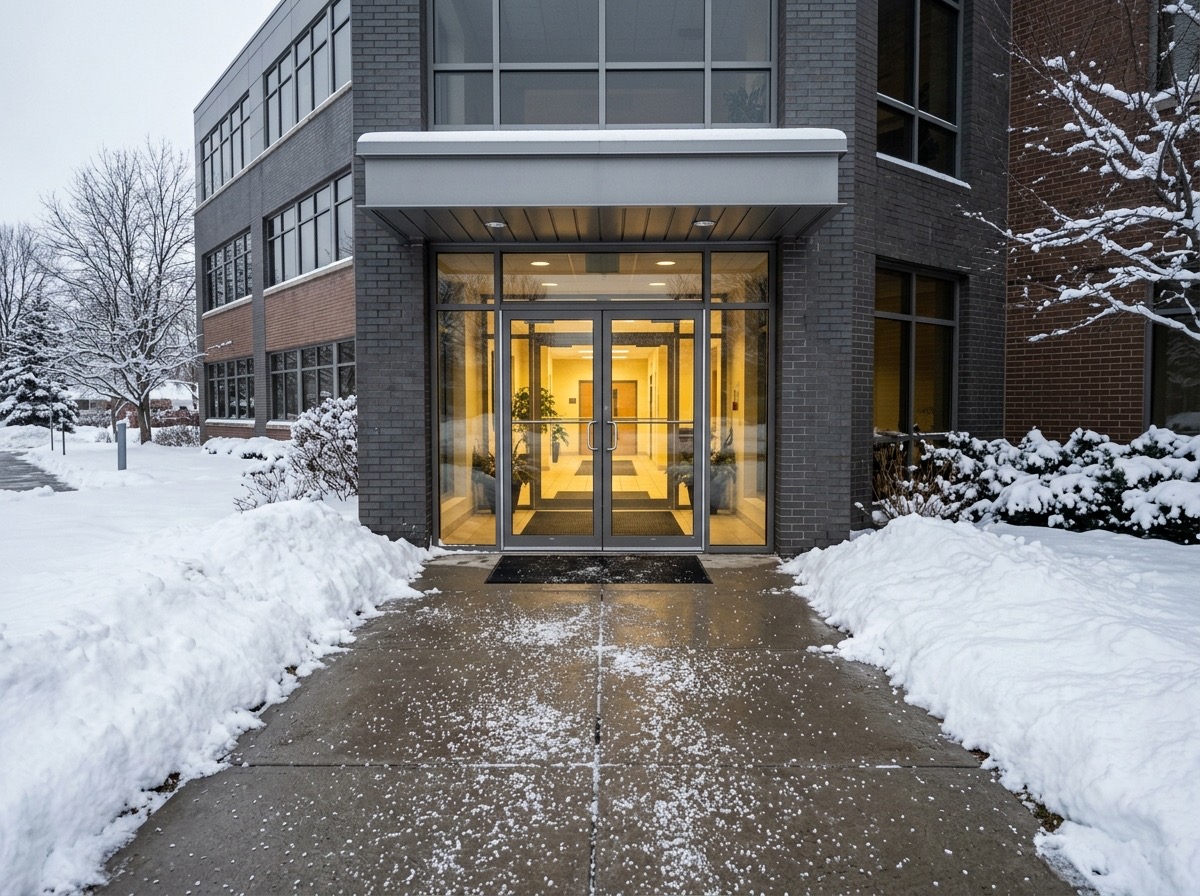 Commercial building entrance cleared and salted in winter
