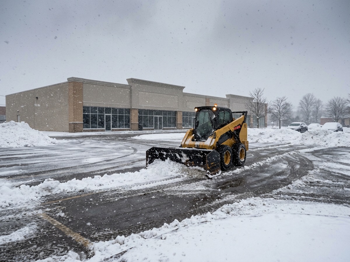 Commercial lot being cleared during active snowfall