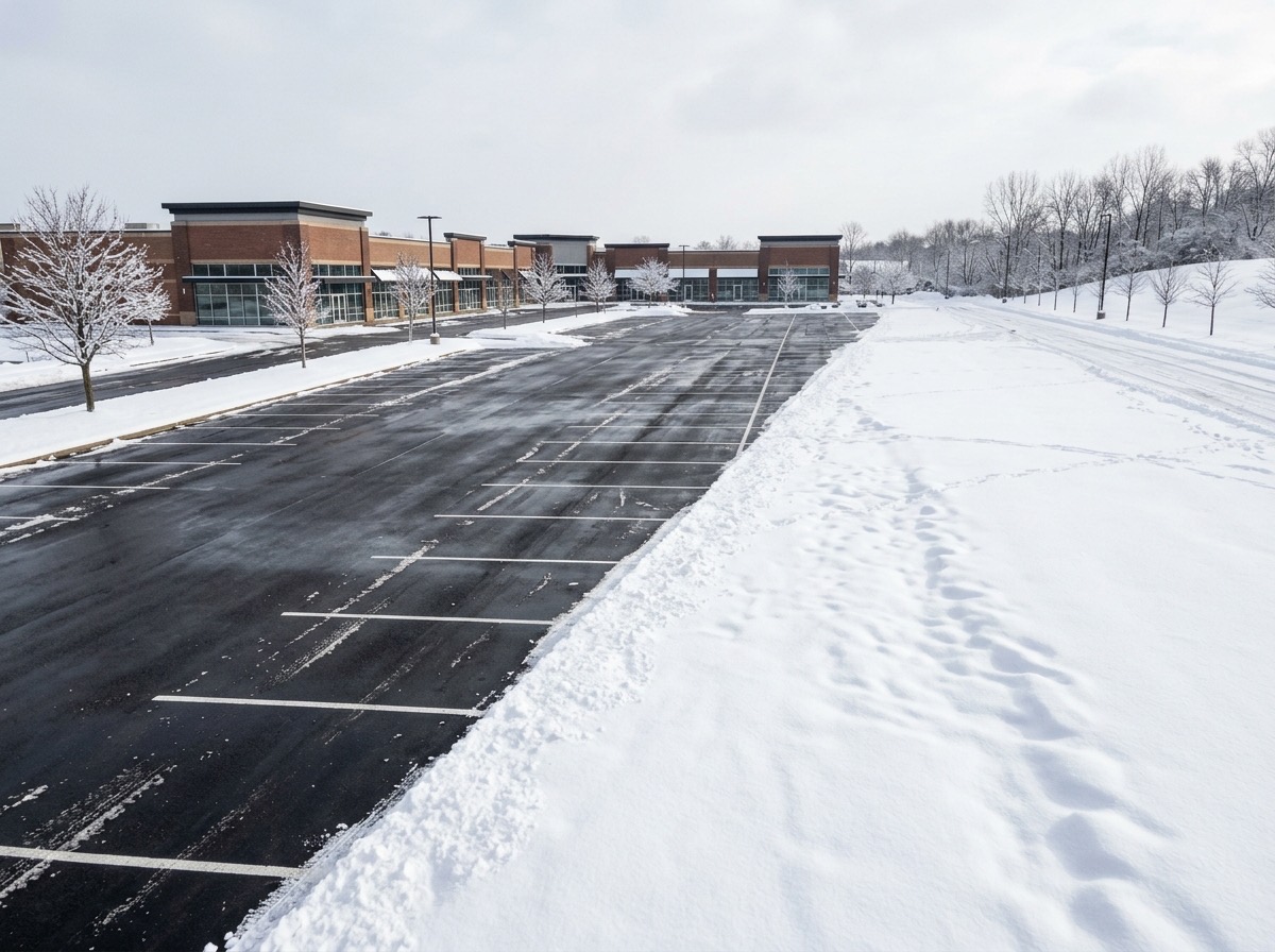 Retail plaza lot half cleared of snow
