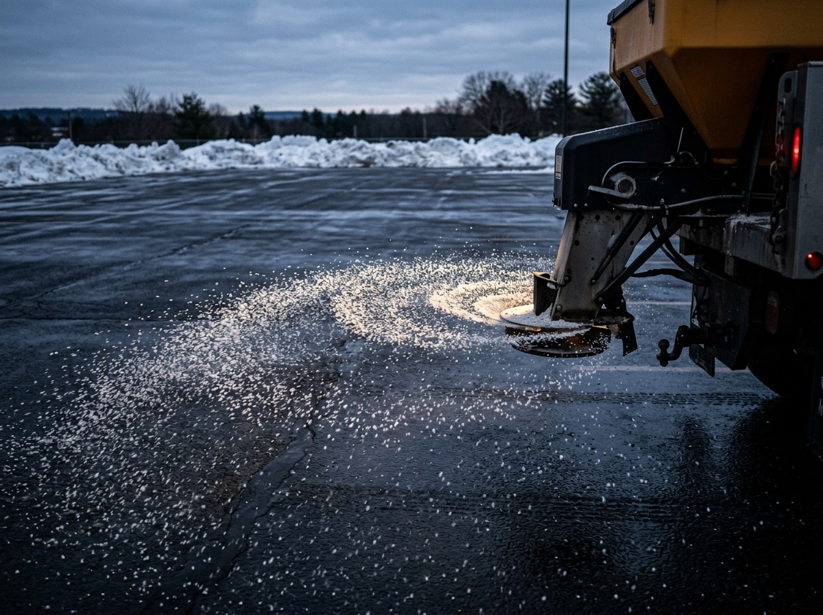 Broadcast spreader fanning de-icing salt across pavement