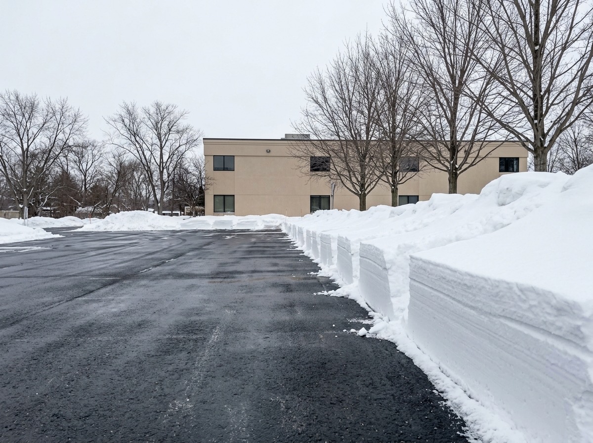 Neatly shaped snow banks along a cleared commercial lot