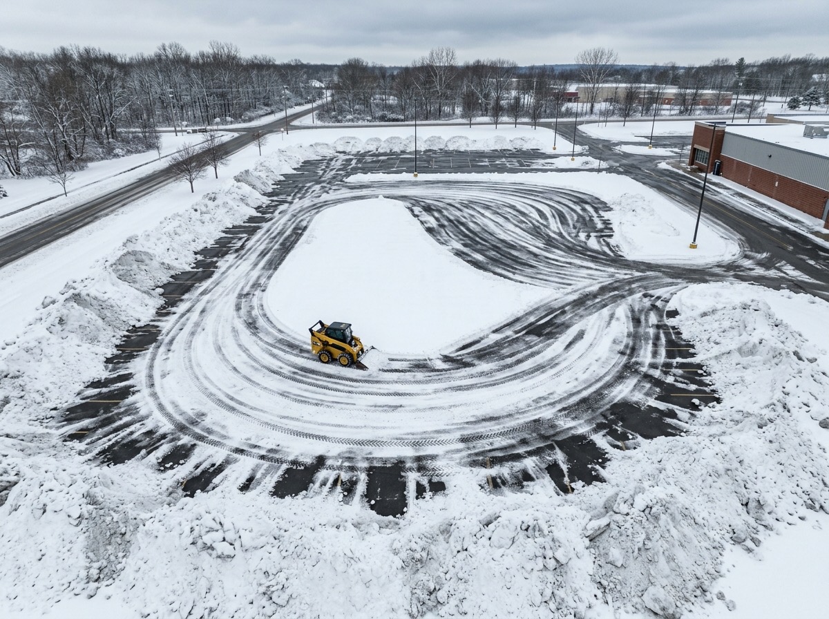 Aerial view of sweeping plow patterns across a parking lot