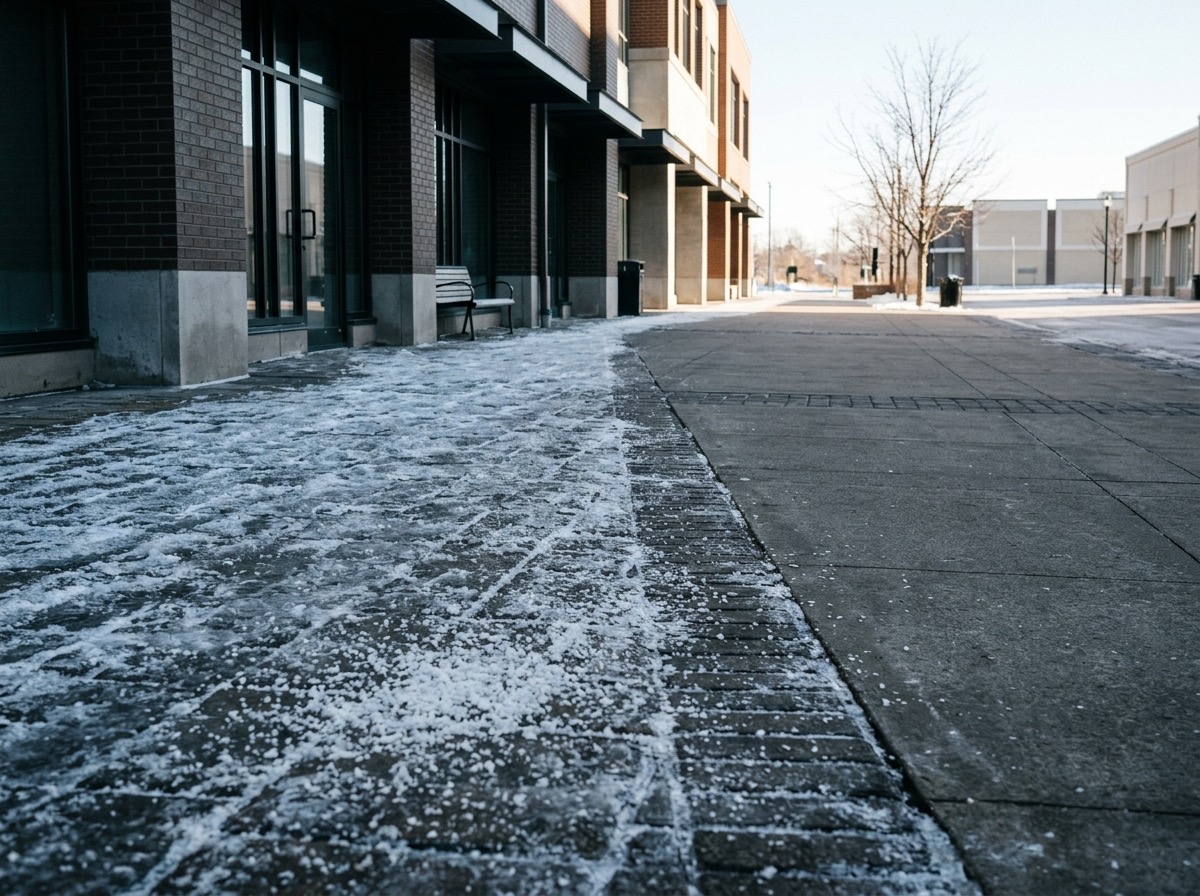 Shaded icy walkway section beside clear sunlit pavement
