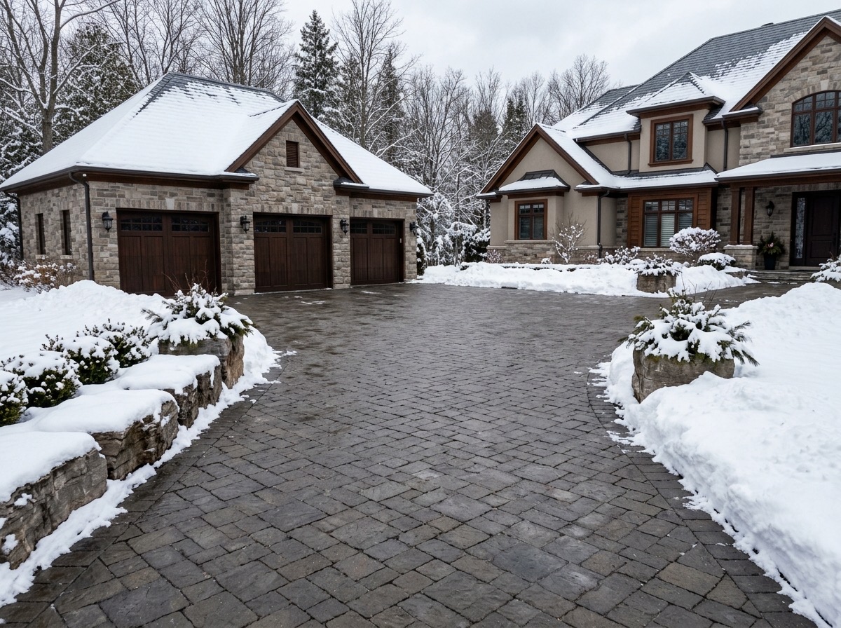 Cleared paver parking court at an upscale home in winter