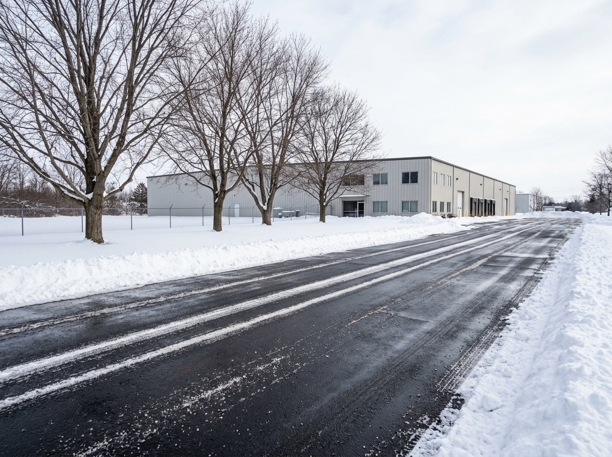Clean plow lines along a cleared commercial drive aisle