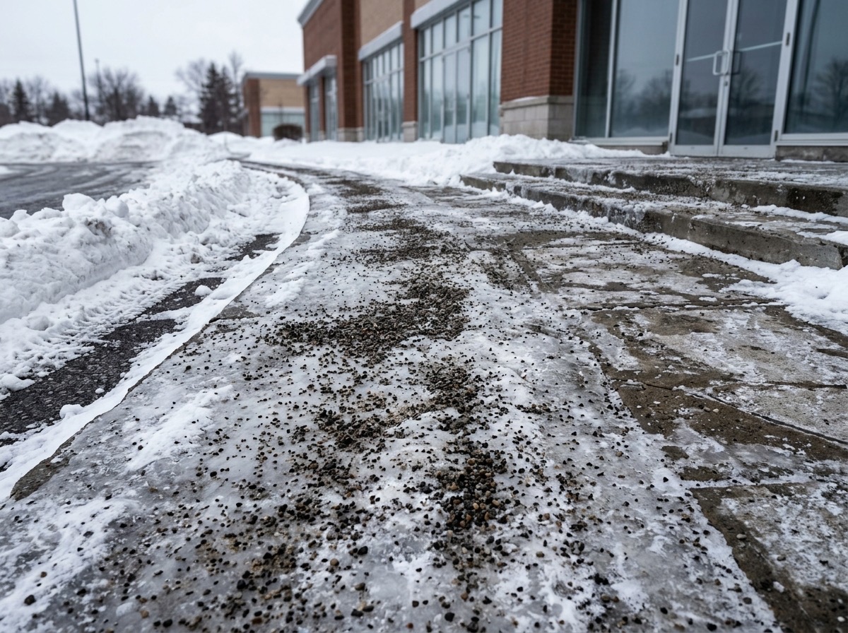 Traction grit spread across an icy commercial walkway