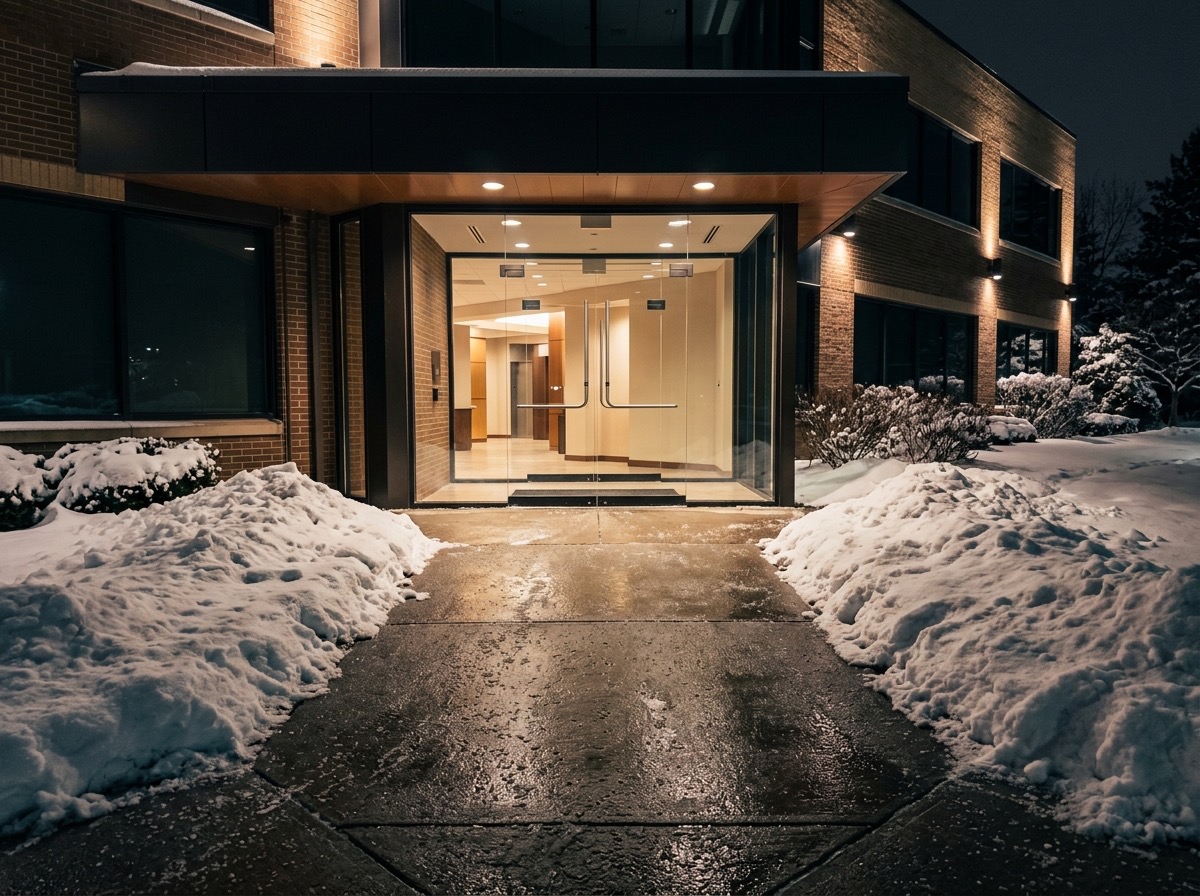 Commercial entrance walkway cleared and salted at night