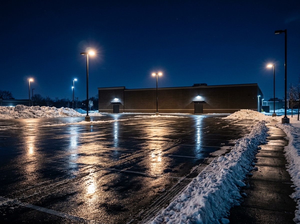 Cleared commercial property at night under lot lighting
