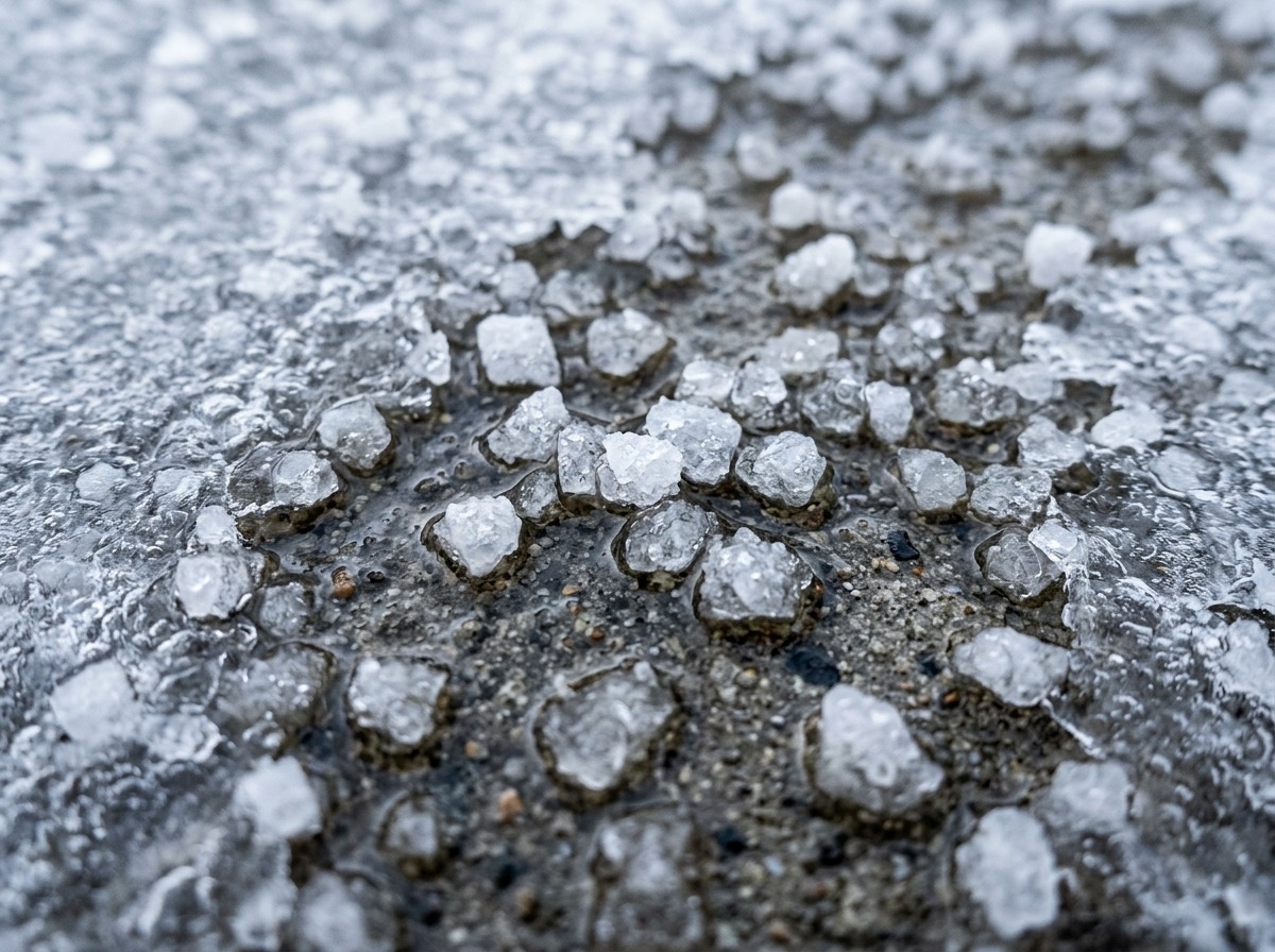 Macro view of salt granules melting into surface ice