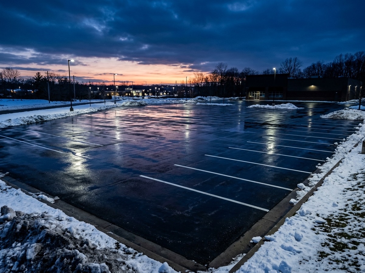Cleared commercial parking lot at dusk