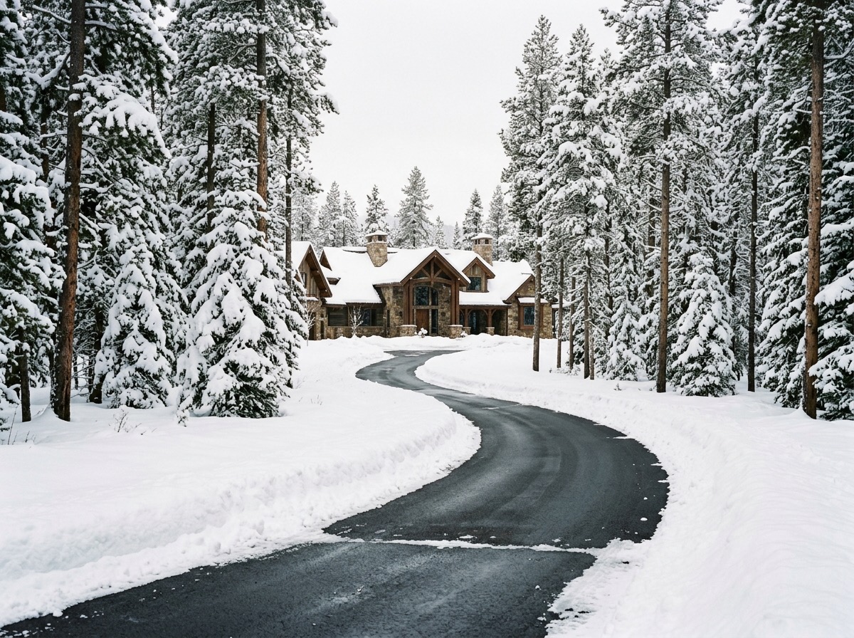 Cleared estate driveway curving toward a stone and timber home