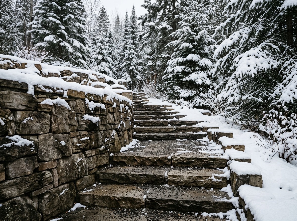 Snow capped natural stone steps cleared with traction grit