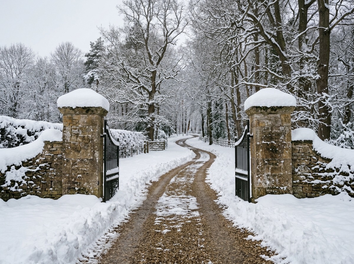 Rural estate gate with the driveway cleared through it