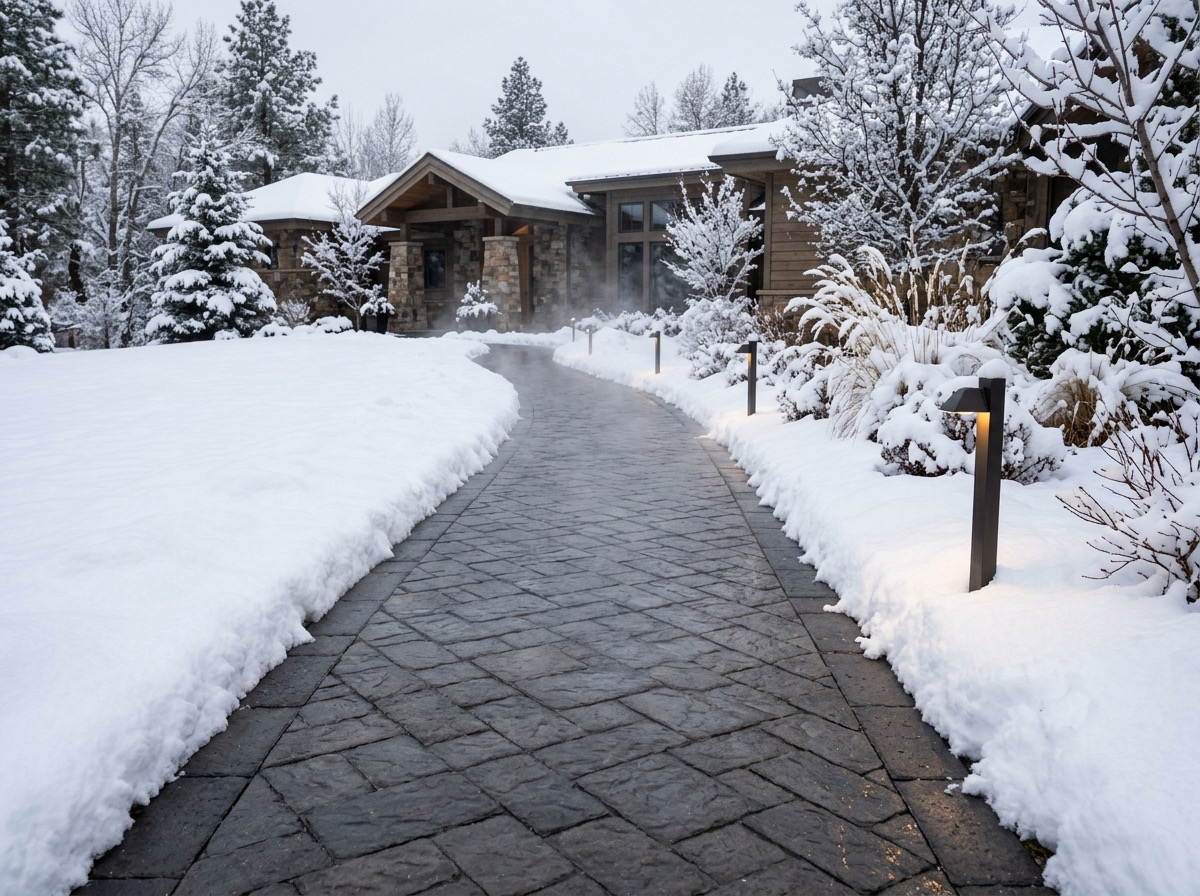 Heated paver walkway clear of snow with deep snow either side