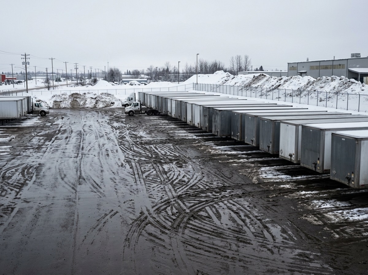 Wide industrial truck yard cleared of snow