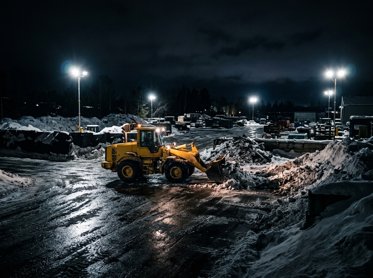 Industrial yard being cleared at night under floodlights