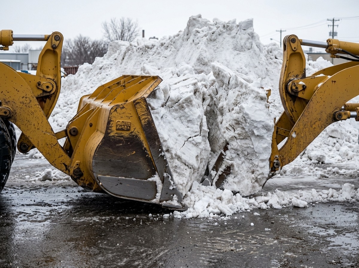 Loader bucket biting into a compacted snow pile