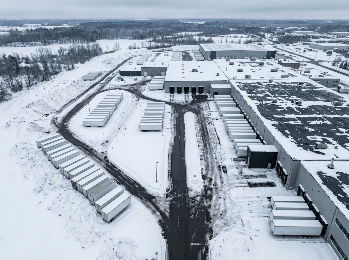 Aerial view of an industrial facility yard cleared of snow
