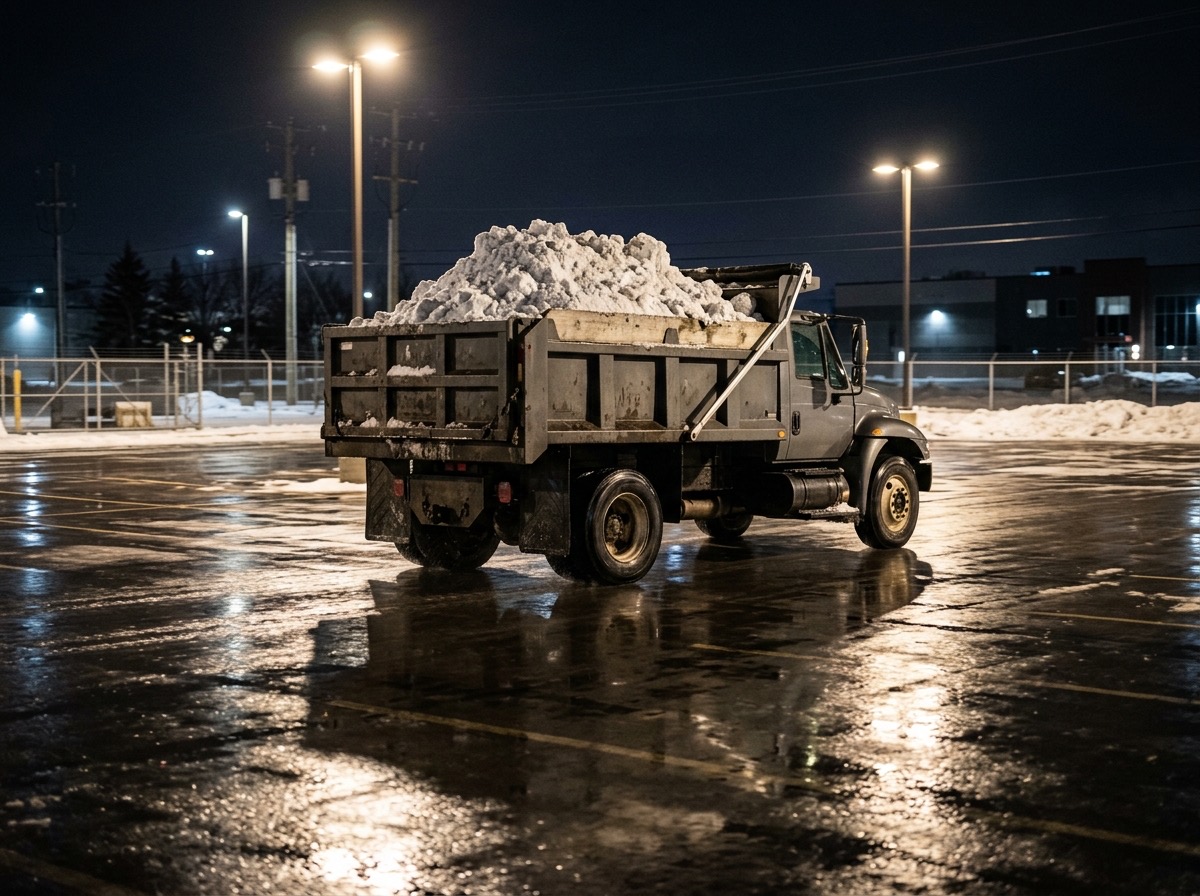 Dump truck loaded with snow leaving a lot at night