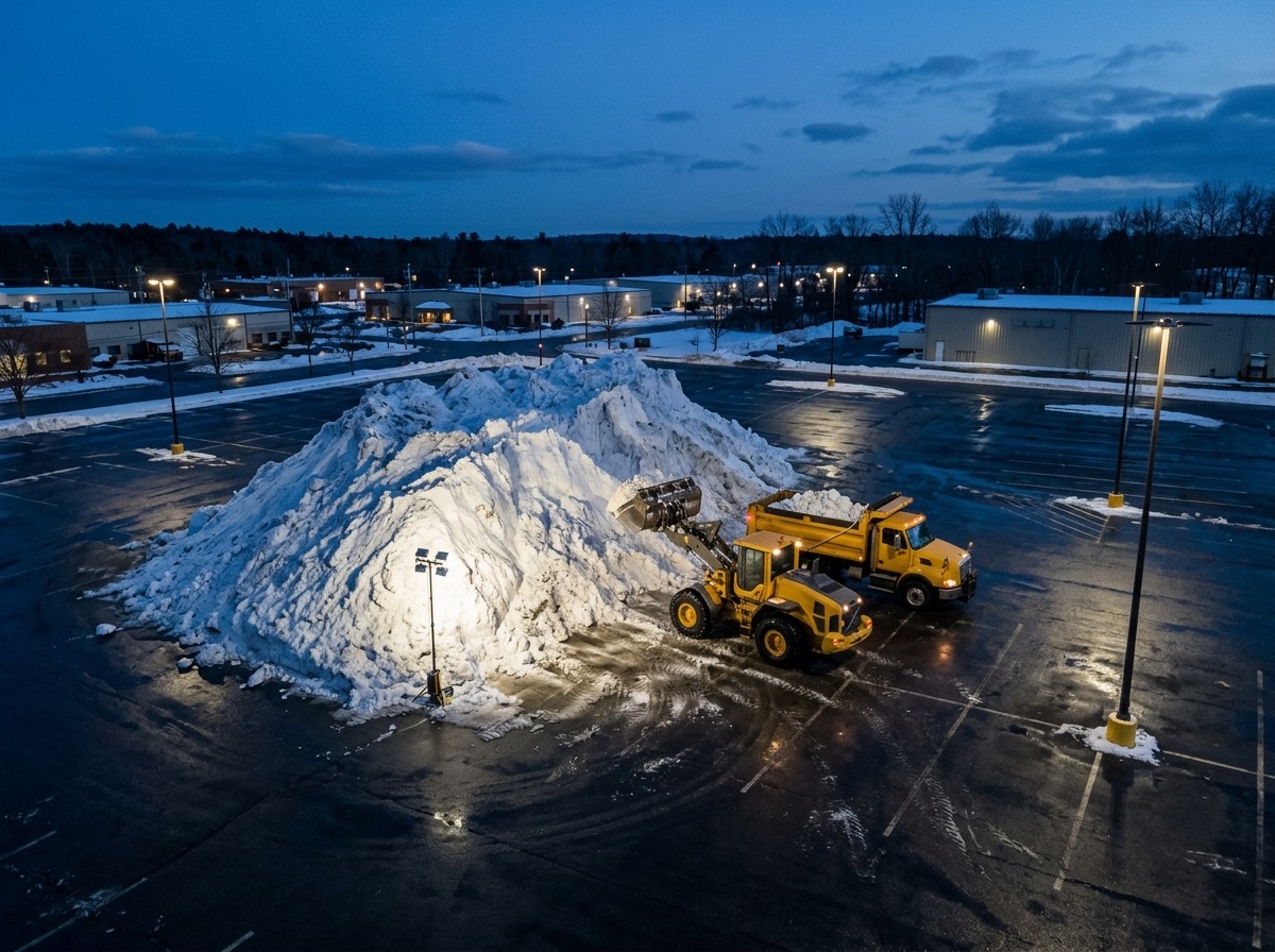 Aerial view of a loader and dump truck working a snow pile at dusk